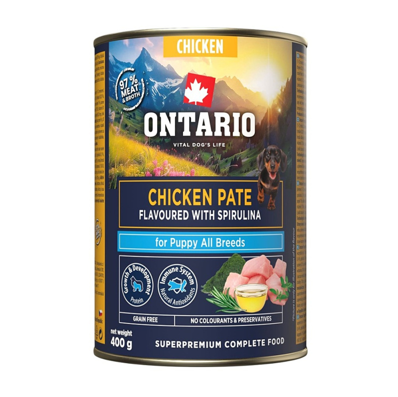 Konzerva Ontario Puppy kuřecí pate s příchutí spirulíny 400g