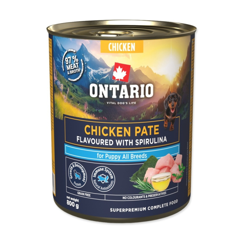 Konzerva Ontario Puppy kuřecí pate s příchutí spiruliny 800g