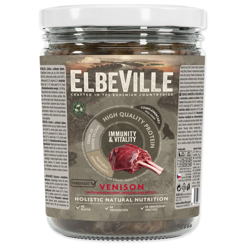 Sklenice Elbeville Dog Imunity & Vitality zvěřina s přidaným šípkem, dobromyslem a kopřivou, 440 ml