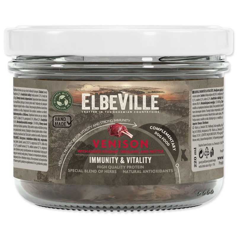 Sklenice Elbeville Dog Imunity & Vitality zvěřina s přidaným šípkem, dobromyslem a kopřivou, 220 ml