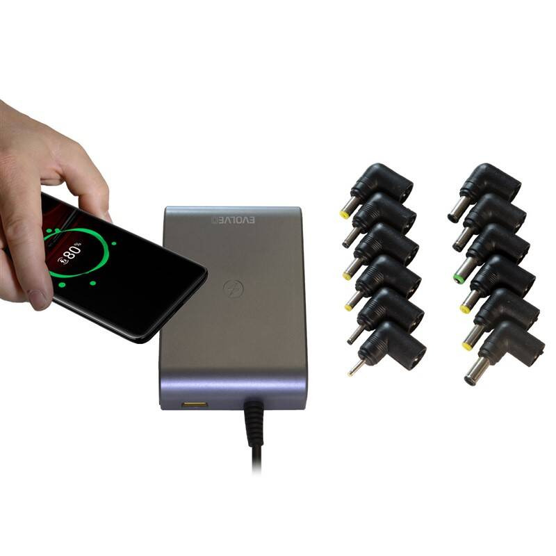 Napájecí adaptér Evolveo Chargee C90 pro notebooky 90W s bezdrátovým nabíjením / 12 konektorů / USB / stříbrná/černá Varianta: ivi1