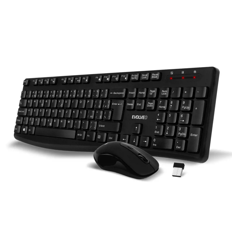 EVOLVEO K1050, bezhlučný set bezdr. klávesnice a myši, CZ+SK, černá Černá