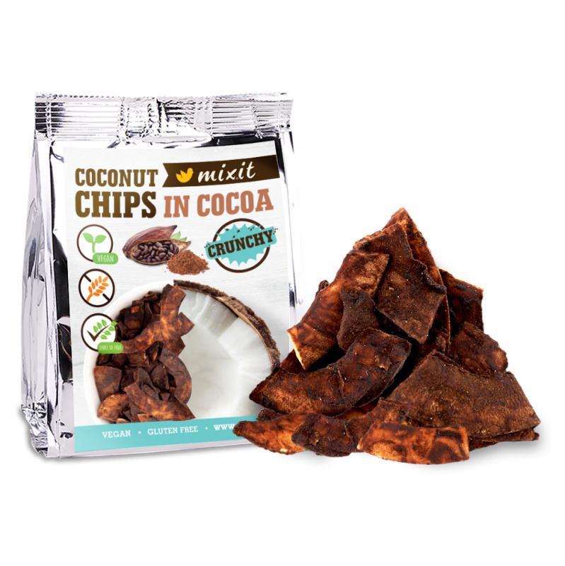 Kokosové chipsy Mixit - do kapsy, kakao, 60g