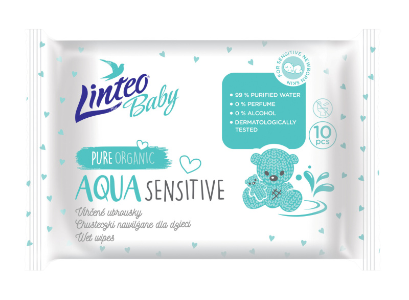 Linteo Baby Aqua Sensitive dětské jemné vlhčené ubrousky 10 ks