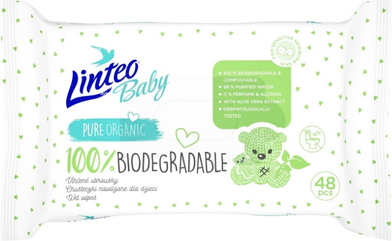 Linteo Baby 100% Biodegradable dětské jemné vlhčené ubrousky 48 ks