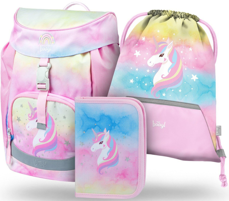 BAAGL SET 3 Airy Rainbow Unicorn: aktovka, penál, sáček