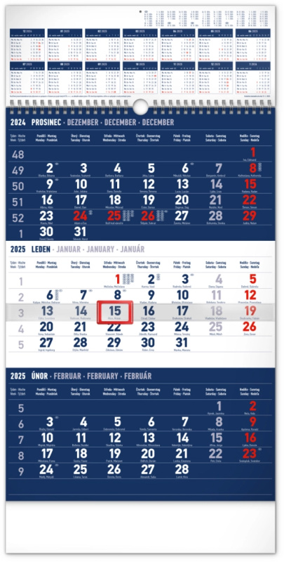 NOTIQUE Nástěnný kalendář 3měsíční standard modrý – s ročním přehledem 2025, 29,5 x 43 cm