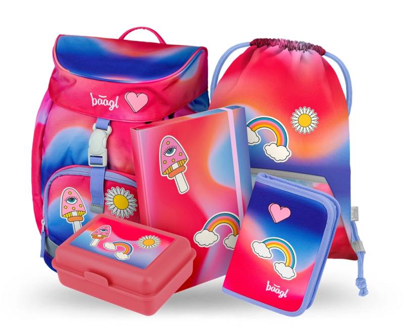 Školní set Airy Duha červený: Batoh, penál, sáček, desky, box