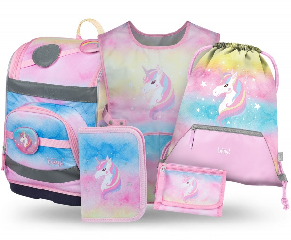 BAAGL SET 5 Zippy Plus Rainbow Unicorn: aktovka, penál, sáček, zástěra, peněženka  Presco Group