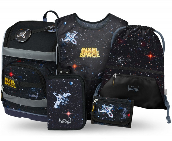 BAAGL SET 5 Zippy Plus Pixel Space: aktovka, penál, sáček, zástěra, peněženka  Presco Group