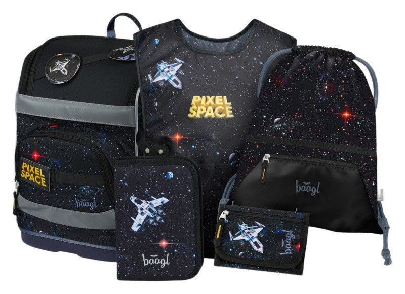 BAAGL SET 5 Zippy Plus Pixel Space: aktovka, penál, sáček, zástěra, peněženka  Presco Group