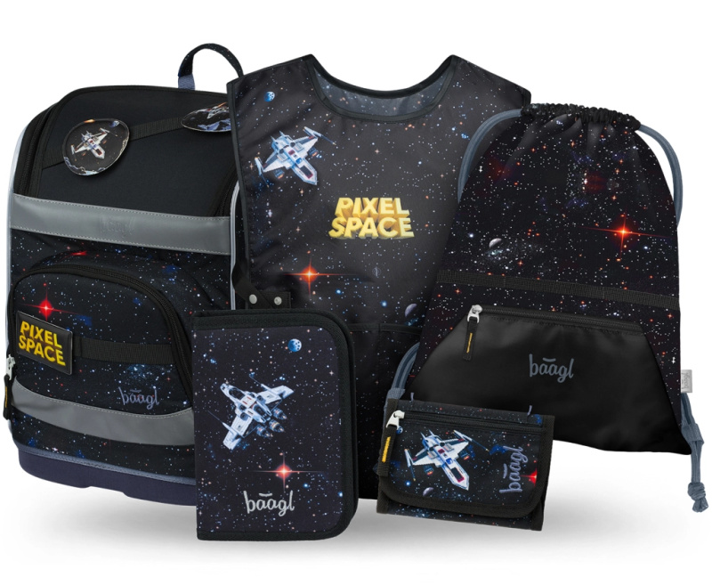BAAGL SET 5 Zippy Plus Pixel Space: aktovka, penál, sáček, zástěra, peněženka  Presco Group