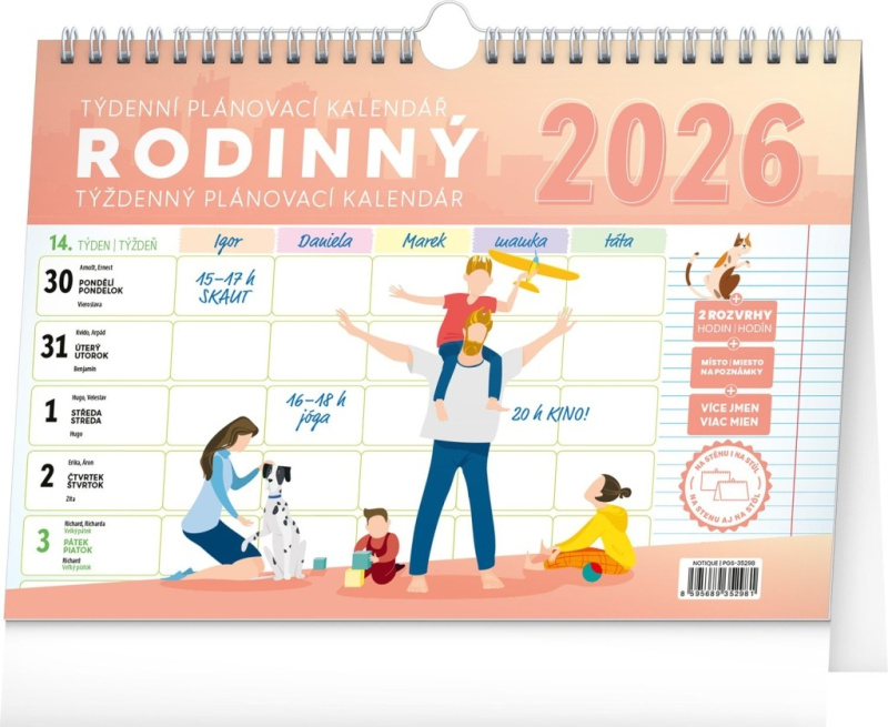 Notique týdenní rodinný plánovací kalendář s háčkem 2026