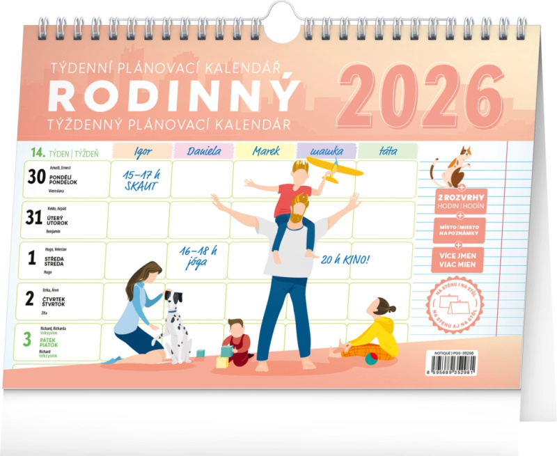 Notique týdenní rodinný plánovací kalendář s háčkem 2026