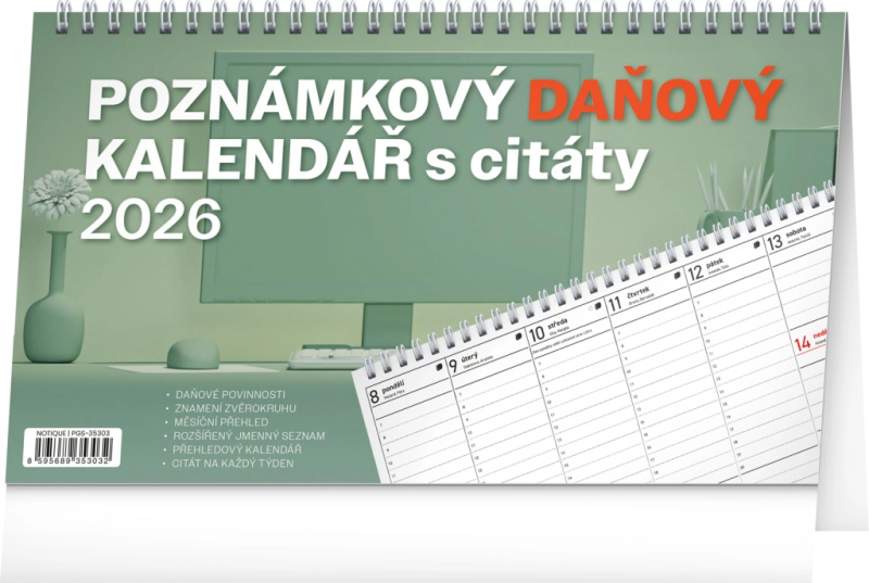 Poznámkový daňový s citáty 2026 - stolní pracovní kalendář