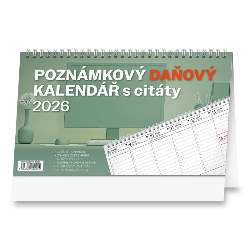 Poznámkový daňový s citáty 2026 - stolní pracovní kalendář