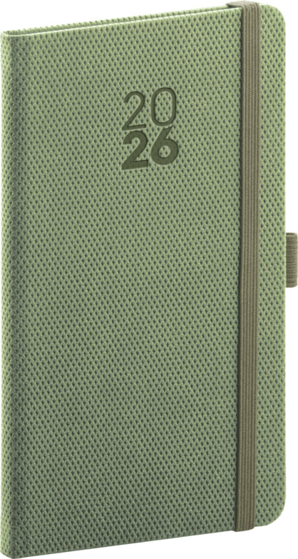 NOTIQUE Kapesní diář Diamante 2026, olivový, 9 x 15,5 cm Presco Group