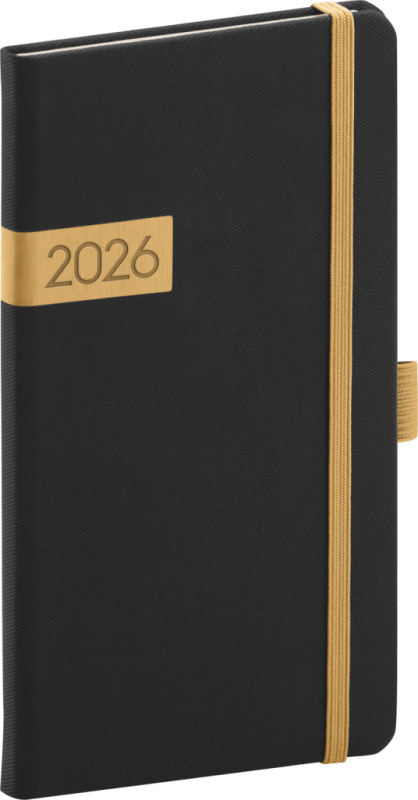 NOTIQUE Kapesní diář Twill 2026, černo-zlatý, 9 x 15,5 cm Presco Group