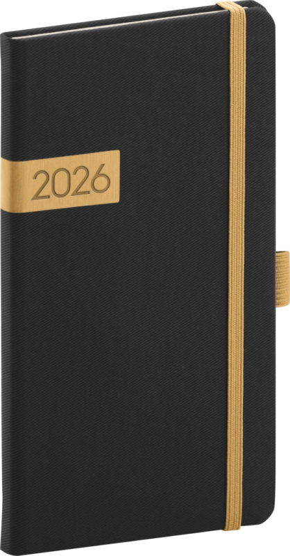 NOTIQUE Kapesní diář Twill 2026, černo-zlatý, 9 x 15,5 cm Presco Group