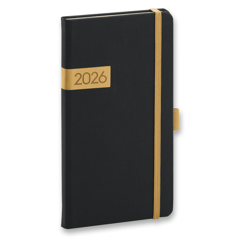 NOTIQUE Kapesní diář Twill 2026, černo-zlatý, 9 x 15,5 cm Presco Group