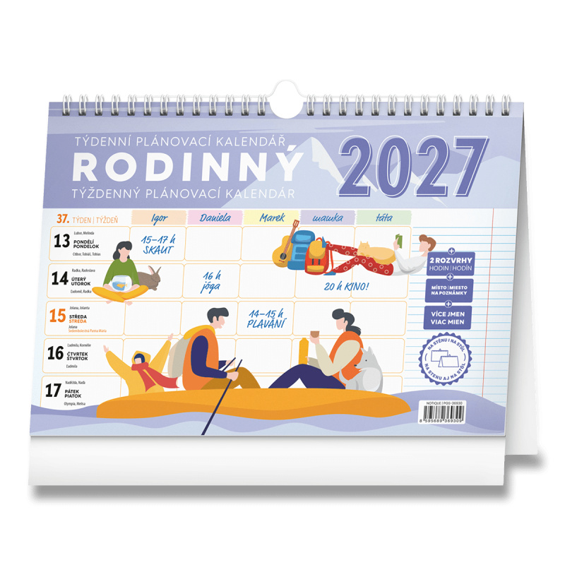 Notique týdenní rodinný plánovací kalendář s háčkem 2027, 30 × 21 cm