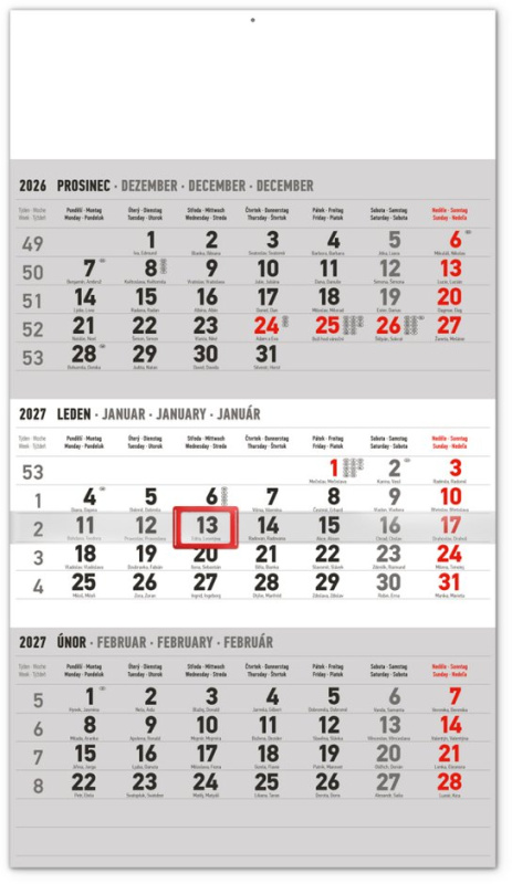 NOTIQUE Nástěnný 3měsíční kalendář standard 2027 (šedý)