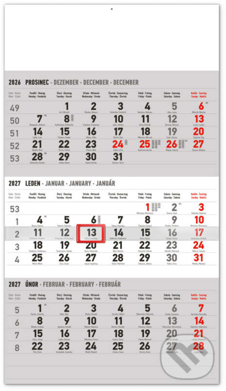 NOTIQUE Nástěnný 3měsíční kalendář standard 2027 (šedý)