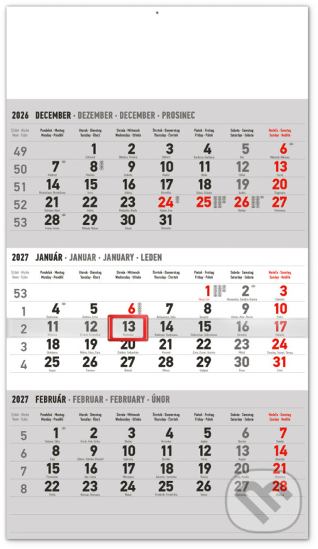 NOTIQUE Nástenný 3-mesačný kalendár štandard 2027 - sivý