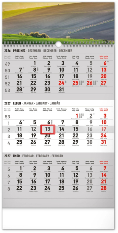 Notique nástěnný tříměsíční kalendář krajina šedý s českými jmény 2027 29,5 × 43 cm