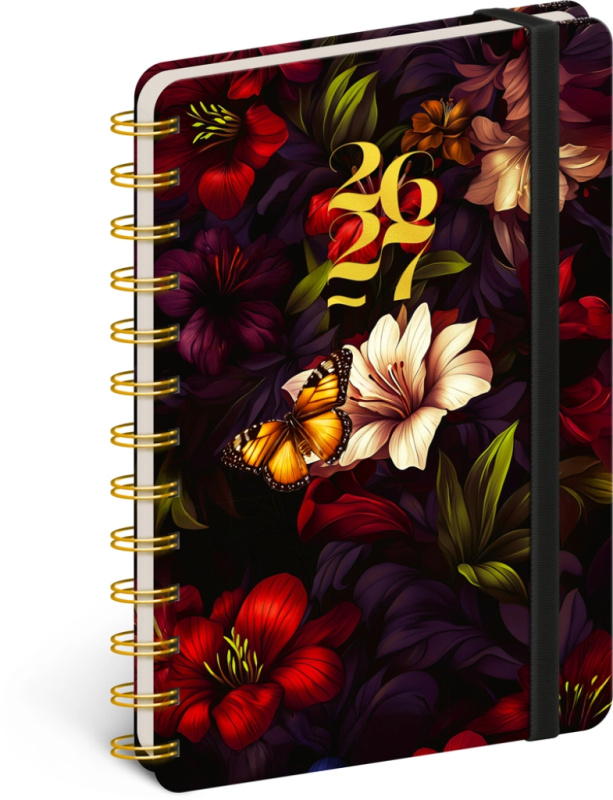 Spirálový 18měsíční diář Petito – rudé květy 2026/2027, 13 × 18 cm