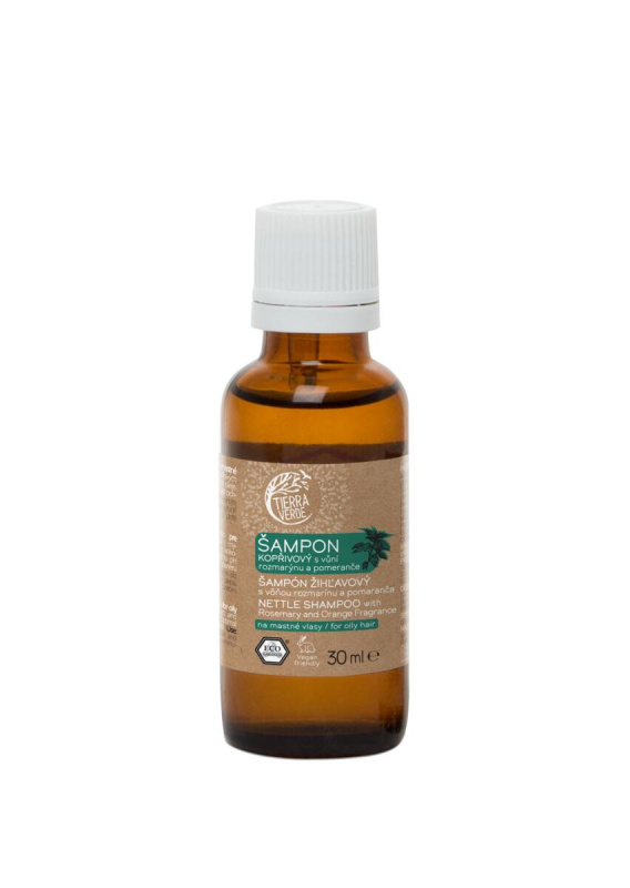 Tierra Verde – Šampon kopřivový s vůní rozmarýnu a pomeranče, 30 ml