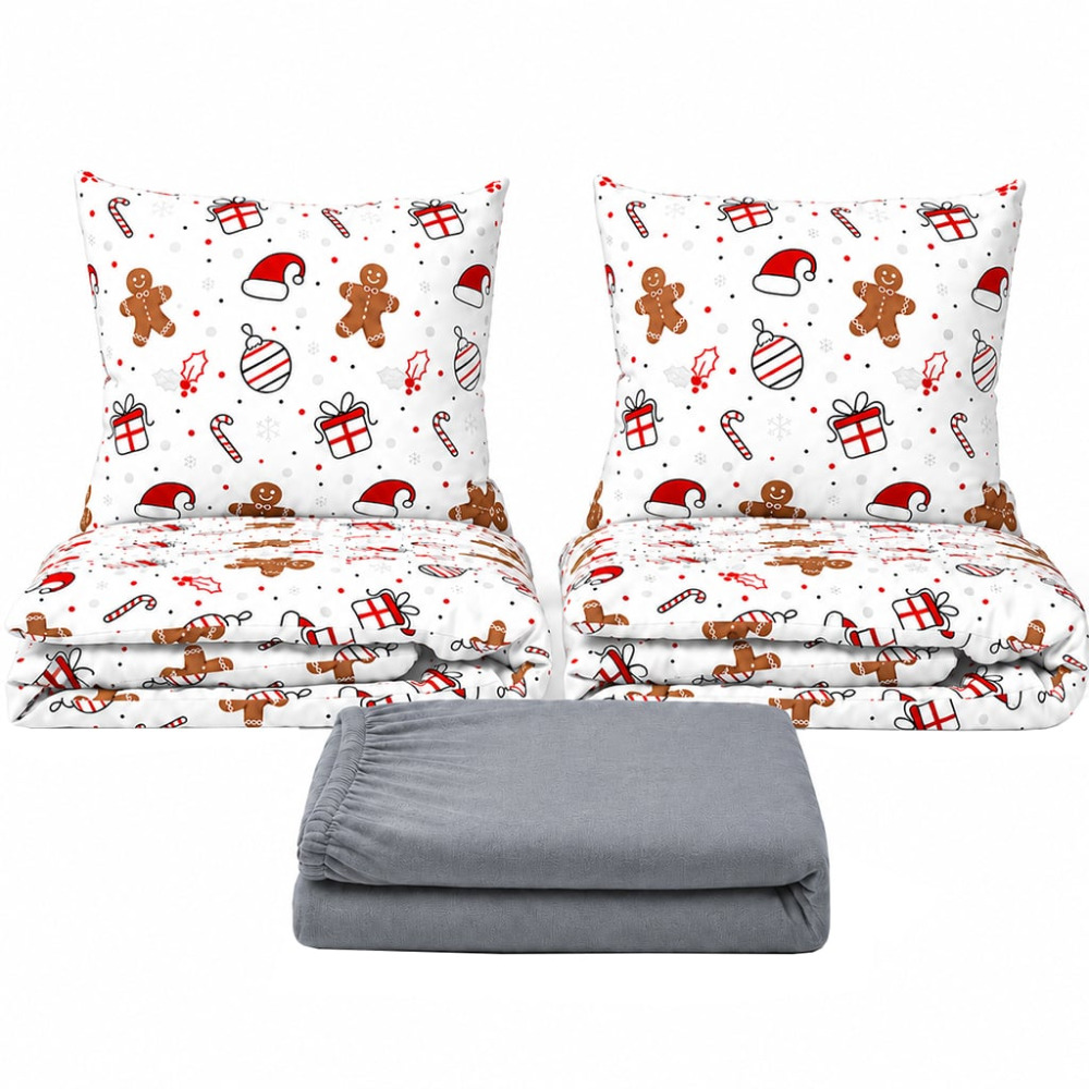 Povlečeme vše Set dvoulůžko Ozdoby červené - 2x povlečení, prostěradlo 180x200cm (027) sv.šedá