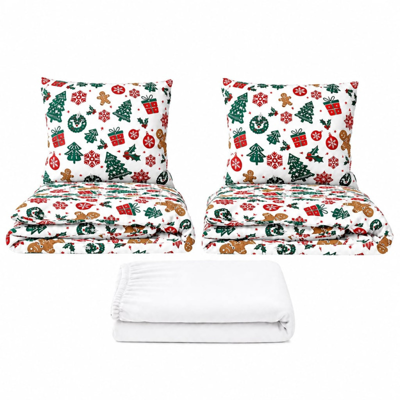 Povlečeme vše Set dvoulůžko Ozdoby zelené - 2x povlečení, prostěradlo 180x200 cm (026) bílá