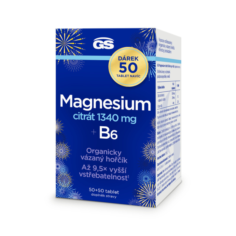 GS Magnesium citrát 1340 mg + B6  50 + 50 tablet NAVÍC