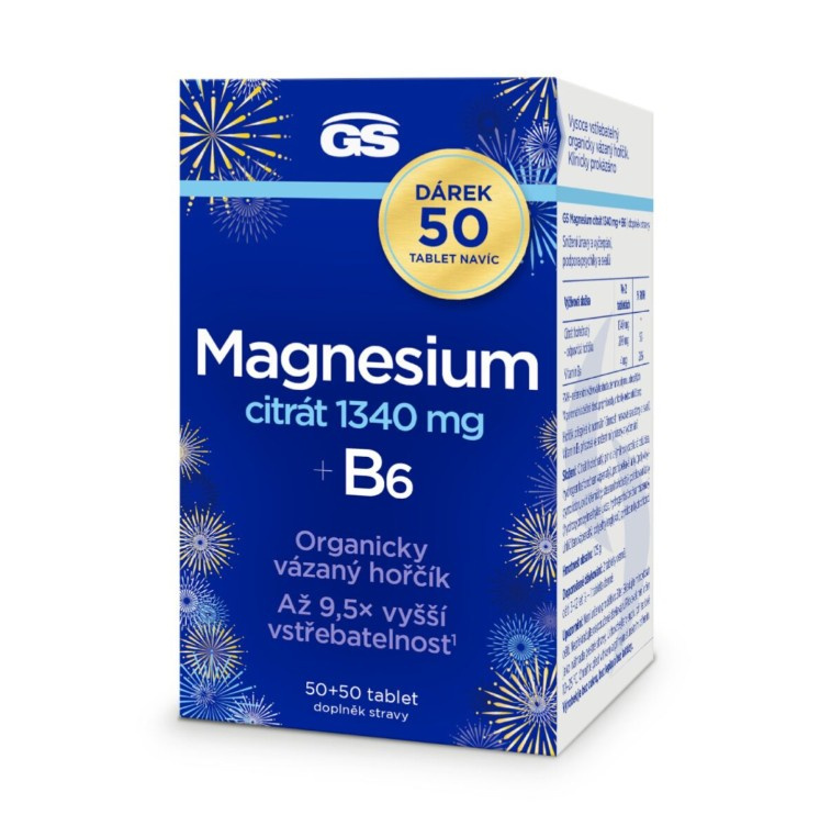 GS Magnesium citrát 1340 mg + B6  50 + 50 tablet NAVÍC