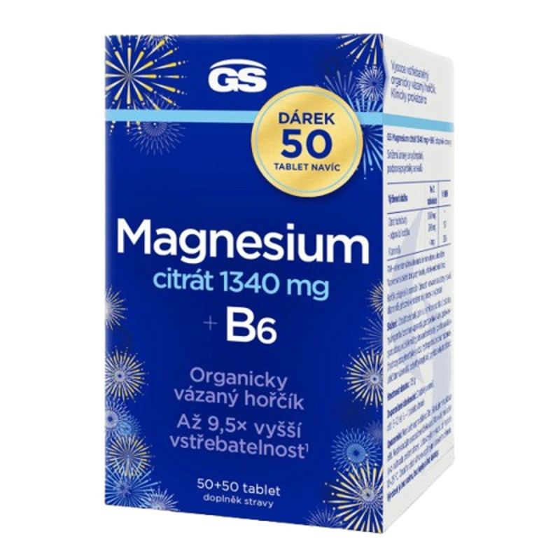 GS Magnesium citrát 1340 mg + B6  50 + 50 tablet NAVÍC