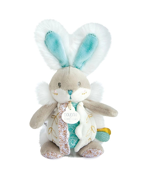 Doudou Hračka zajíček s chrastítkem a úchytem na dudlík 21 cm – tyrkysová