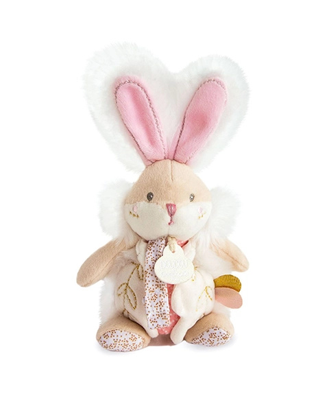 Doudou Hračka zajíček s chrastítkem a úchytem na dudlík 21 cm – růžová