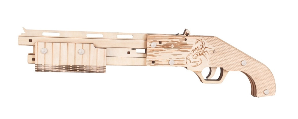 Woodcraft dřevěné 3D puzzle zbraň na gumičky – Mossberg