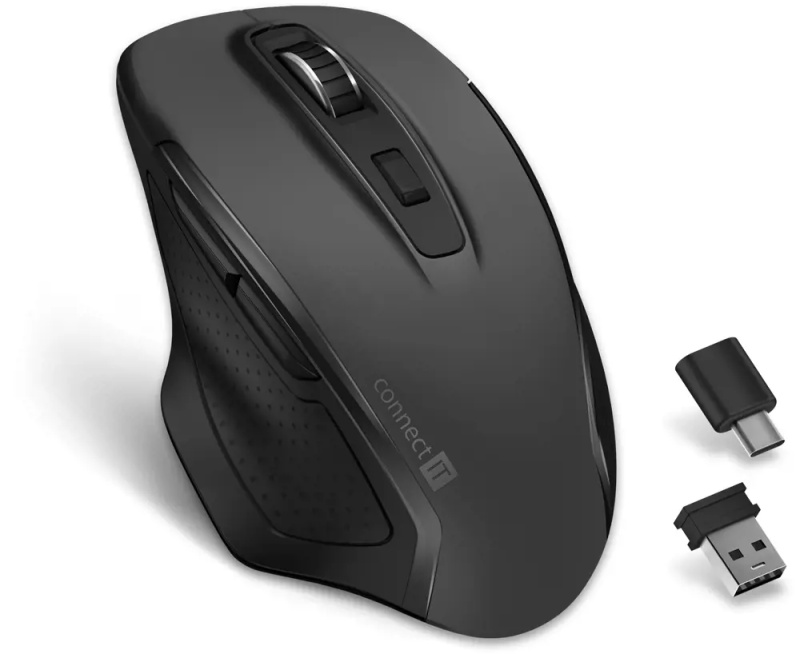 CONNECT IT Dual SmartSwitch bezdrátová myš, USB-A + C (+1x AA baterie zdarma) šedá CMO-3100-GY Černá