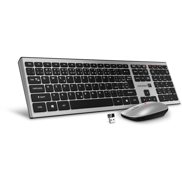 CONNECT IT Combo bezdrátová stříbrná klávesnice + myš, (+2x AAA +1x AA baterie zdarma), CZ + SK layo Stříbrná