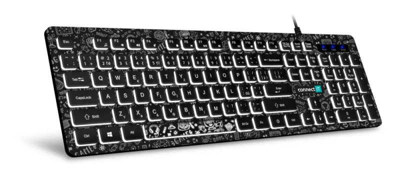 CONNECT IT DOODLE kancelářská drátová bíle podsvícená USB klávesnice, CZ + SK verze černá CKB-3510-D Vícebarevná
