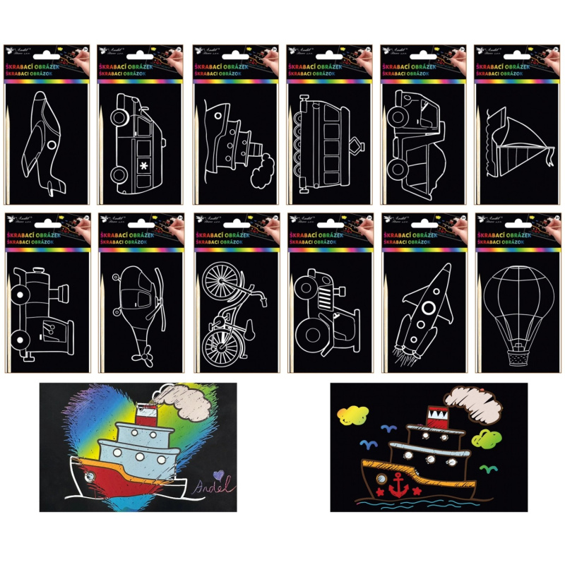 Škrabací obrázky, motiv doprava, 10,5 x 15,5 cm