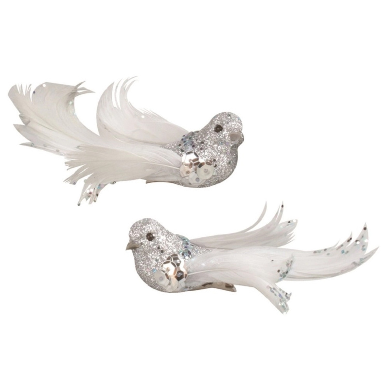Ptáčci na klipu s glitry stříbrní 8 cm, 2 ks  Anděl Přerov s.r.o.