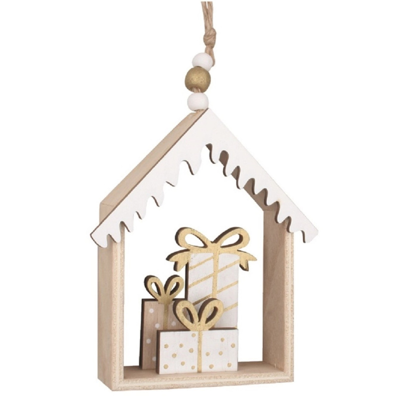 Dřevěná dekorace domeček s dárky na zavěšení 9,5 x 11 x 2,5 cm Anděl Přerov s.r.o.