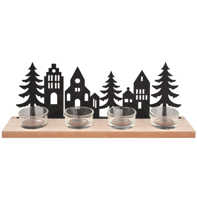 Dřevěný svícen s černými kovovými domky a stromy na 4 svíčky 32 x 12 x 7 cm  Anděl Přerov s.r.o.