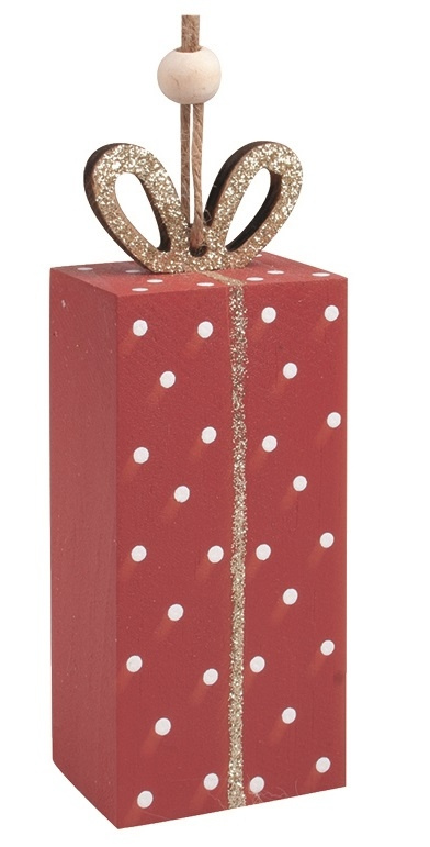 Dárek s puntíky s glitrem dřevěný na zavěšení 4 x 11 cm Anděl Přerov s.r.o.