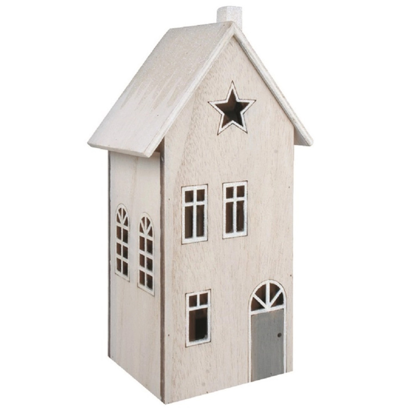 Dřevěný domek bílý s patinou na postavení s LED 10 x 20 x 8 cm  Anděl Přerov s.r.o.
