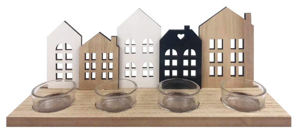 Dřevěný svícen na 4 svíčky s domky černá, bílá, přírodní 12 x 20 x 9,5 cm Anděl Přerov s.r.o.