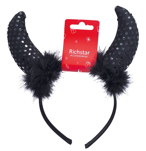 Čelenka do vlasů čertovské rohy s peřím černé, obvod 37 cm Anděl Přerov s.r.o.